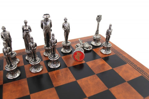 NAPOLEONE: Metal Chess Pieces with Brown/Black Leatherette Chessboard