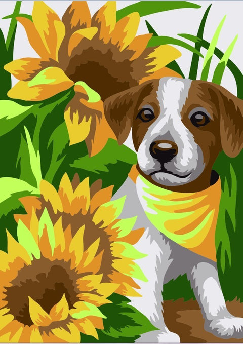 Paint by number kit: Puppy in the sunflowers 16.5x13 cm MINI119