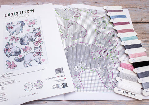 Pink Dreams Cross Stitch Kit 17x24 cm, LetiStitch, Zweigart Aida 16ct, Luca-S Cotton Threads, Black Symbol Chart
