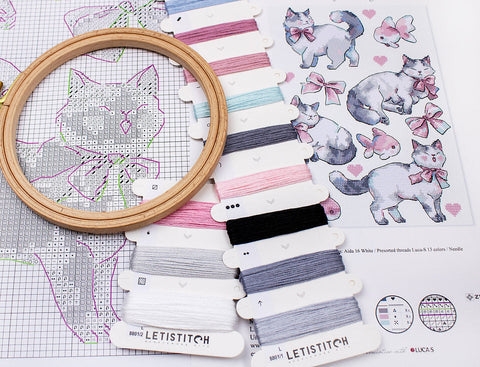 Pink Dreams Cross Stitch Kit 17x24 cm, LetiStitch, Zweigart Aida 16ct, Luca-S Cotton Threads, Black Symbol Chart