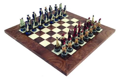 PIRATES: Handpainted Chess with Beautiful Briar Elm Wood Chessboard