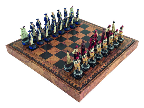 PIRATES: Handpainted Chess with Leatherette Chessboard & Box + CHECKER SET