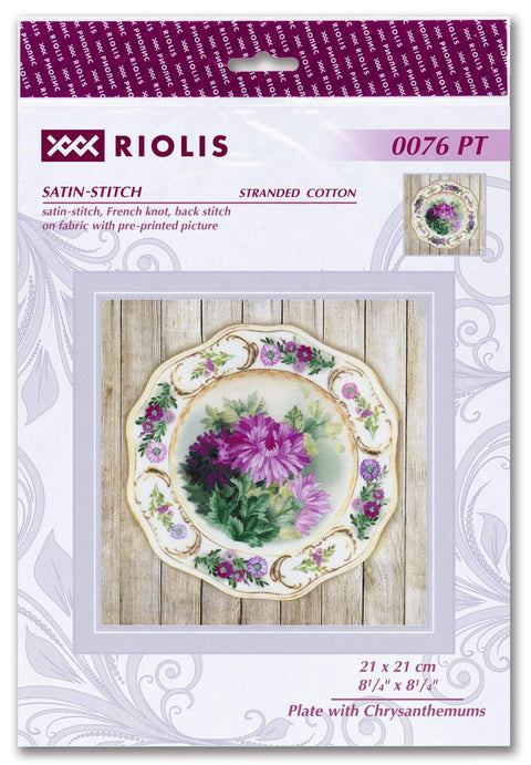 Plate with Chrysanthemums. Satin Stitch kit by RIOLIS Ref. no.: 0076 PT