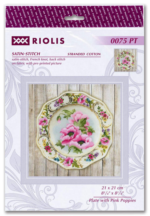 Plate with Pink Poppies. Satin Stitch kit by RIOLIS Ref. no.: 0075 PT