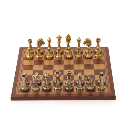 Quality Metal Chess Set With Gold/Burgundy Leatherette Chessboard