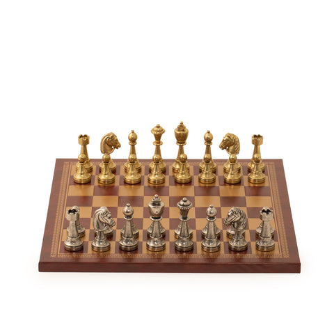 Quality Metal Chess Set With Gold/Burgundy Leatherette Chessboard