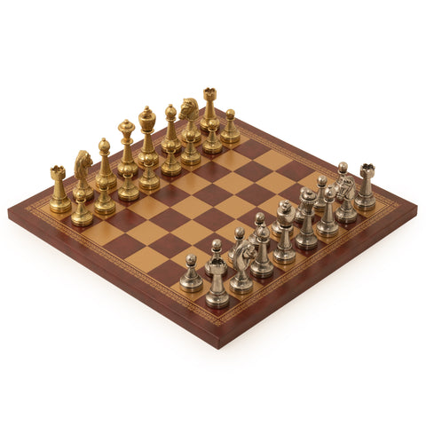 Quality Metal Chess Set With Gold/Burgundy Leatherette Chessboard