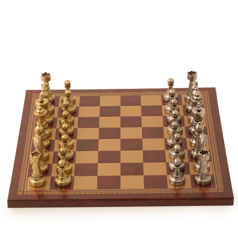 Quality Metal Chess Set With Gold/Burgundy Leatherette Chessboard