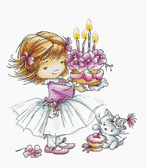 RARE find: Girl with a Kitten and a Cake SB1054 - Cross Stitch Kit by Luca-s