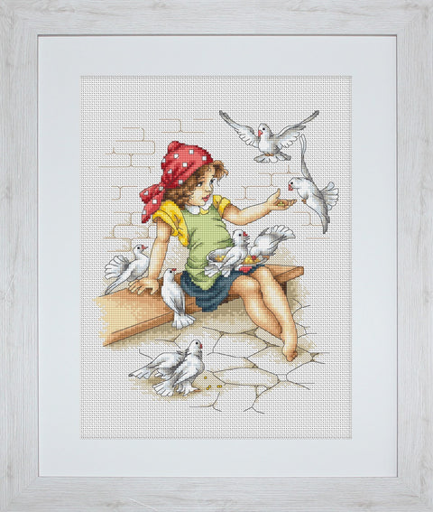 RARE find: Girl with Pigeons SB1051 - Cross Stitch Kit by Luca-s