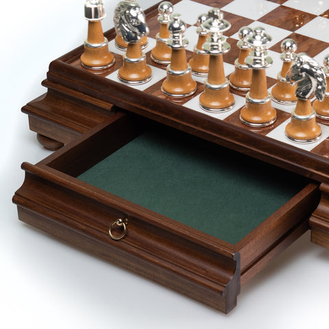 Real Brass/Silver/Gold & Wood Chess Set with Luxurious Alabaster Game Board