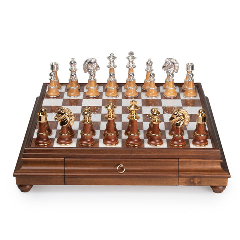 Real Brass/Silver/Gold & Wood Chess Set with Luxurious Alabaster Game Board