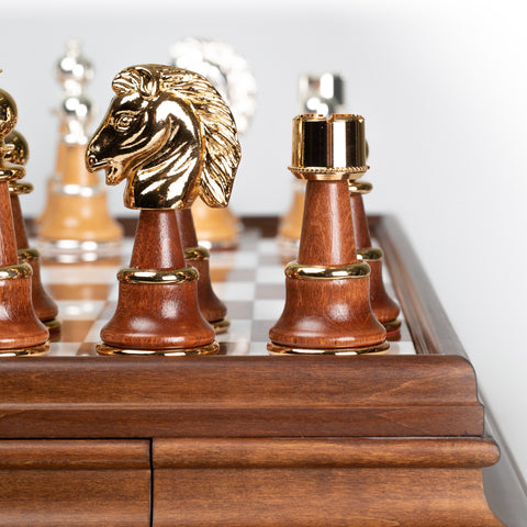 Real Brass/Silver/Gold & Wood Chess Set with Luxurious Alabaster Game Board