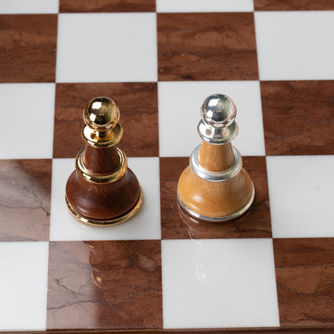 Real Brass/Silver/Gold & Wood Chess Set with Luxurious Alabaster Game Board