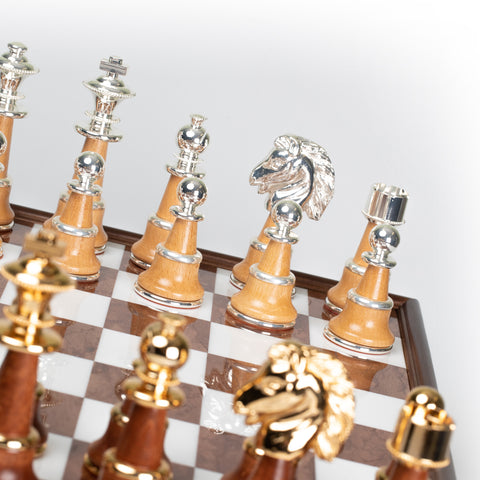 Real Brass/Silver/Gold & Wood Chess Set with Luxurious Alabaster Game Board