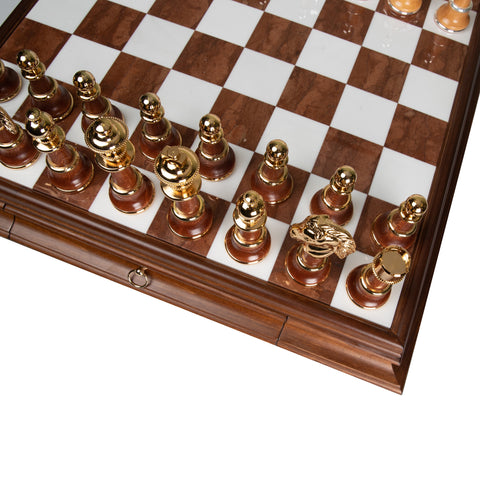 Real Brass/Silver/Gold & Wood Chess Set with Luxurious Alabaster Game Board