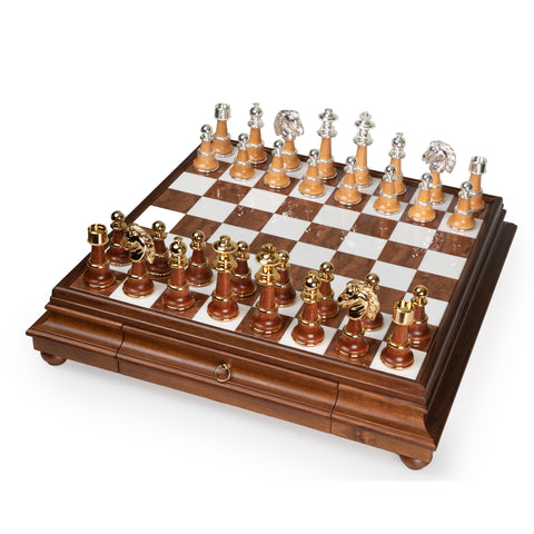 Real Brass/Silver/Gold & Wood Chess Set with Luxurious Alabaster Game Board