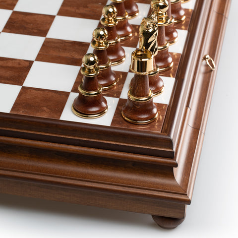 Real Brass/Silver/Gold & Wood Chess Set with Luxurious Alabaster Game Board