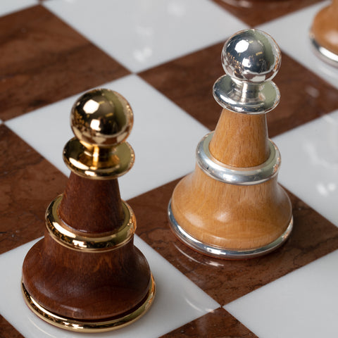 Real Brass/Silver/Gold & Wood Chess Set with Luxurious Alabaster Game Board