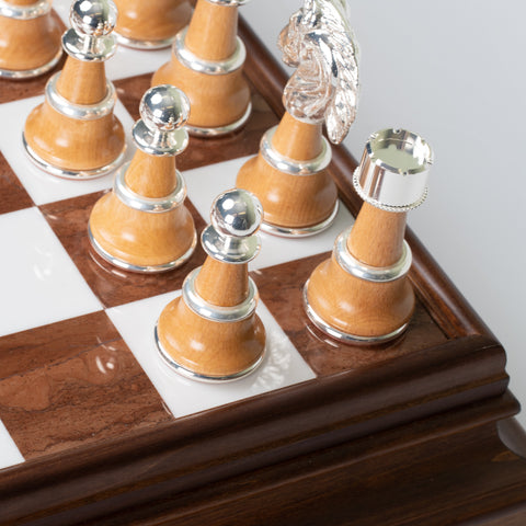 Real Brass/Silver/Gold & Wood Chess Set with Luxurious Alabaster Game Board