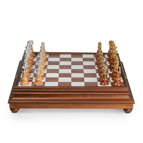 Real Brass/Silver/Gold & Wood Chess Set with Luxurious Alabaster Game Board