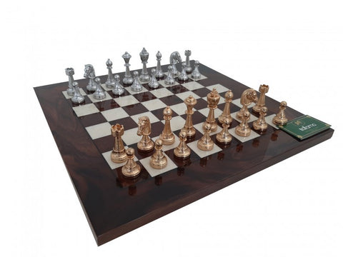 REAL Gold & Silver Plated Metal Chess Pieces with Chess Board made From Walnut