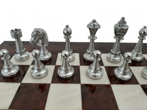 REAL Gold & Silver Plated Metal Chess Pieces with Chess Board made From Walnut