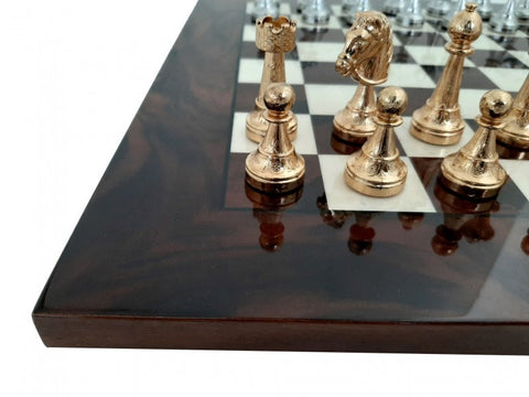 REAL Gold & Silver Plated Metal Chess Pieces with Chess Board made From Walnut