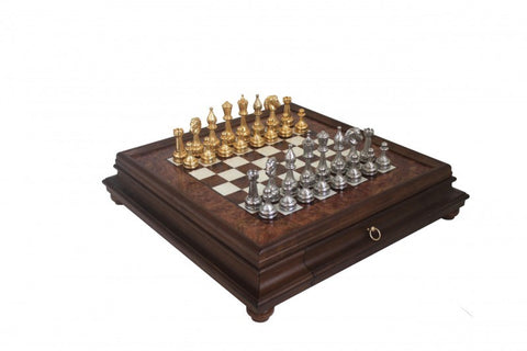 Real Gold & Silver Plated Metal Chess Pieces with Elm Briar Wood Chessboard