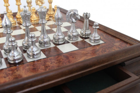 Real Gold & Silver Plated Metal Chess Pieces with Elm Briar Wood Chessboard