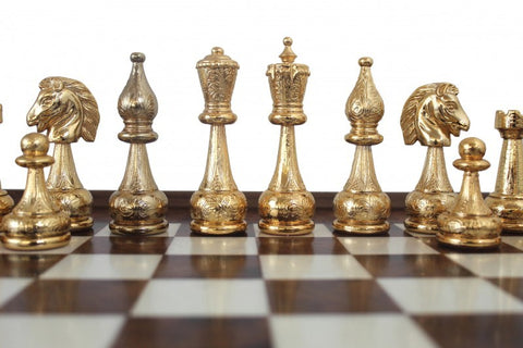 Real Gold & Silver Plated Metal Chess Pieces with Elm Briar Wood Chessboard