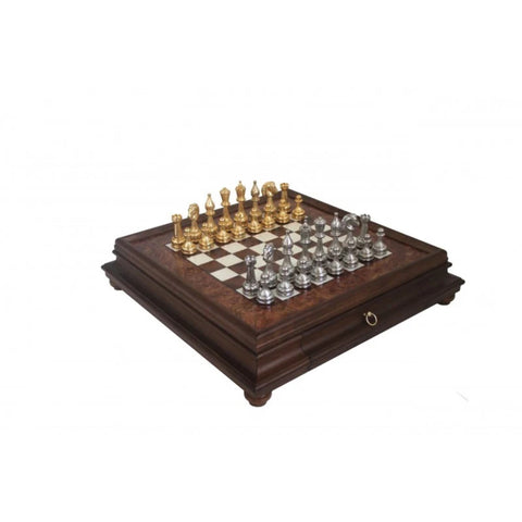 Real Gold & Silver Plated Metal Chess Pieces with Elm Briar Wood Chessboard