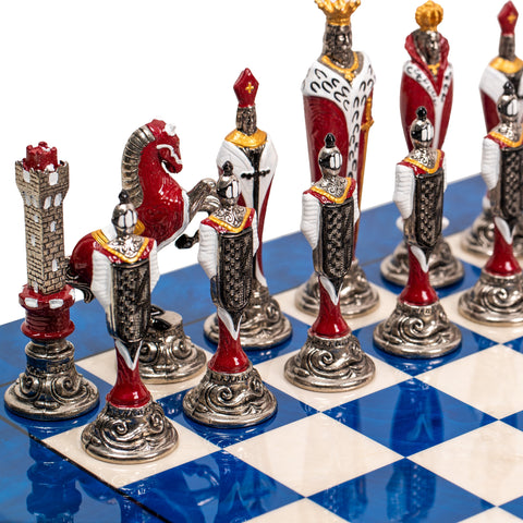 RENAISSANCE: Handpainted Metal Chess Men Set with Valuable Briar Erable Wood Chessboard