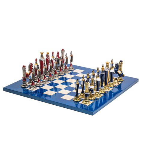 RENAISSANCE: Handpainted Metal Chess Men Set with Valuable Briar Erable Wood Chessboard