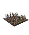 RENASSAINCE CHESS SET: Hand Painted Metal Pieces & Blue Leatherette Chessboard
