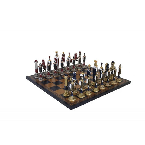 RENASSAINCE CHESS SET: Hand Painted Metal Pieces & Blue Leatherette Chessboard