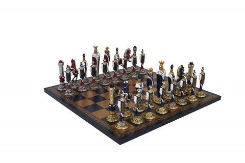 RENASSAINCE CHESS SET: Hand Painted Metal Pieces & Blue Leatherette Chessboard