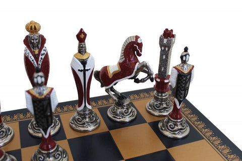 RENASSAINCE CHESS SET: Hand Painted Metal Pieces & Blue Leatherette Chessboard