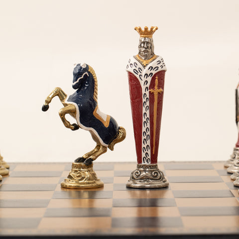 RENASSAINCE CHESS SET: Hand Painted Metal Pieces & Leatherette Chessboard