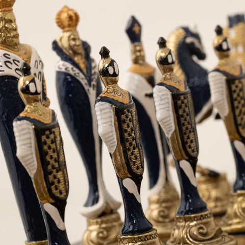 RENASSAINCE CHESS SET: Hand Painted Metal Pieces & Leatherette Chessboard