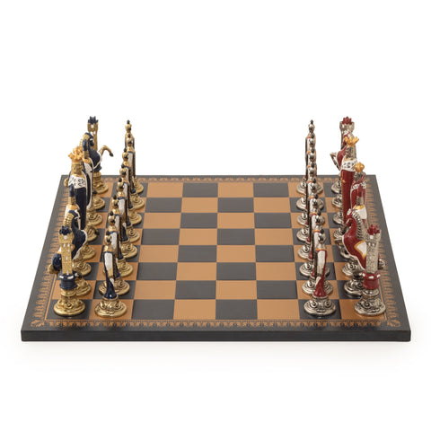 RENASSAINCE CHESS SET: Hand Painted Metal Pieces & Leatherette Chessboard