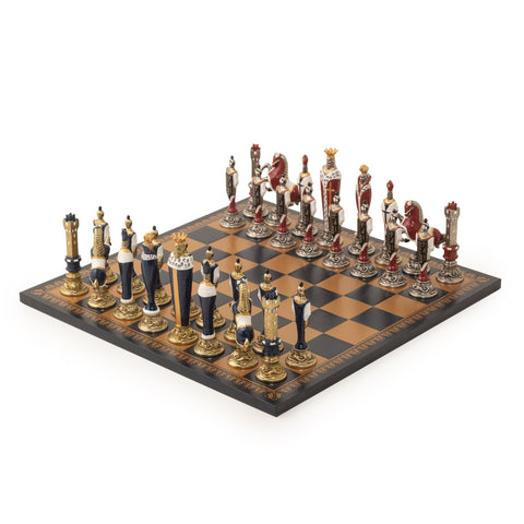 RENASSAINCE CHESS SET: Hand Painted Metal Pieces & Leatherette Chessboard