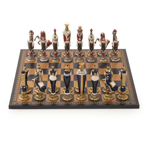 RENASSAINCE CHESS SET: Hand Painted Metal Pieces & Leatherette Chessboard