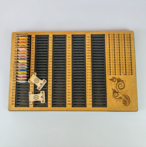 Embroidery Thread Bobbin Organizer with Needle Cushion, 125 Numbered Slots, 45 × 28 cm, Plywood and Foam, Natural Wood