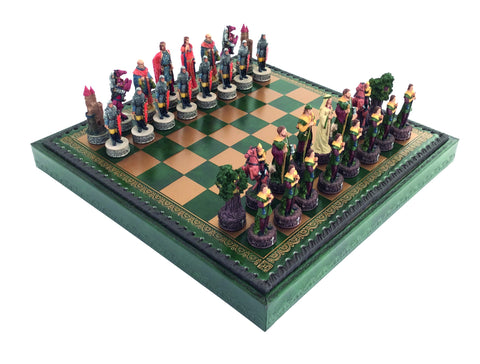 ROBIN HOOD: Handpainted Chess with Leatherette Chessboard & Box + Checker Set