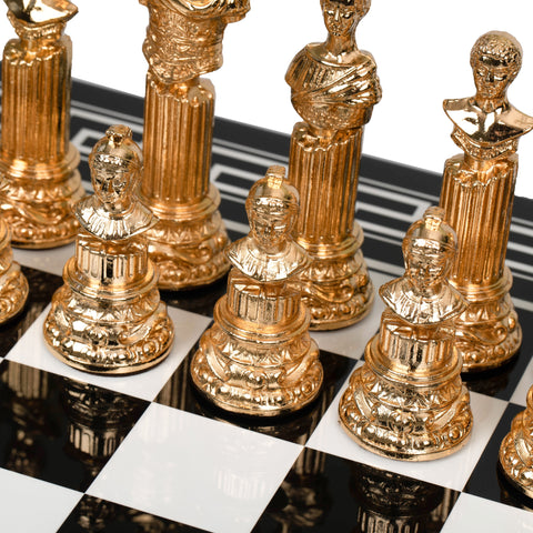 Roman Imperator Bust: Gold Plated Chess Men Set with black Greek Wooden Gameboard