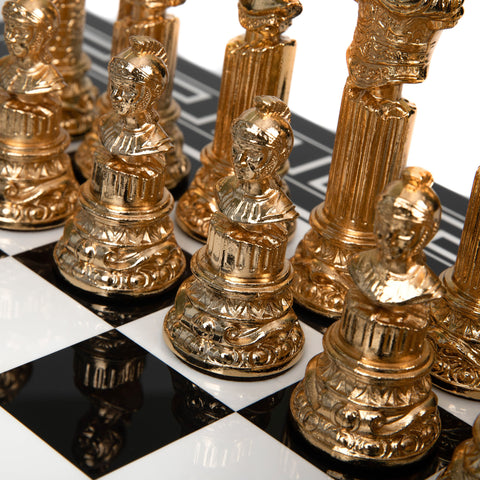 Roman Imperator Bust: Gold Plated Chess Men Set with black Greek Wooden Gameboard