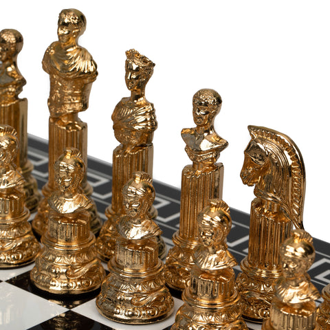 Roman Imperator Bust: Gold Plated Chess Men Set with black Greek Wooden Gameboard