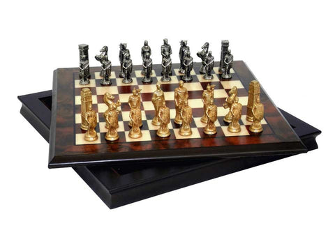 ROMANIANS VS BARBARIANS I: Metal Chess Set with Walnut and Maple Chessboard