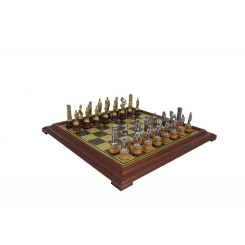 ROMANS vs BARBARIANS: Metal Chess Pieces with Wooden Brass Effect Chessboard